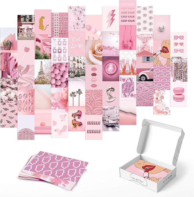 HAUS AND HUES Pink Aesthetic Wall Collage Kit - Set of 50 Pink Pictures for Cute Room Decor