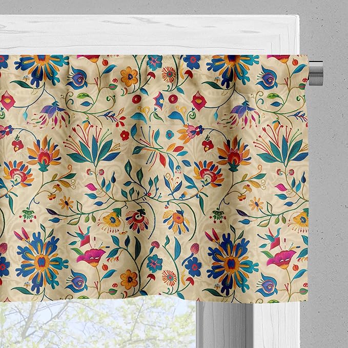 Ambesonne Floral Valance & Tier Curtain 3 pcs Set, Traditional Balkan Flowery Motifs Ornate Paint Print on Beige Background, Window Treatments for Kitchen Room Decor, 55" x 45", Blue Orange Multicolor