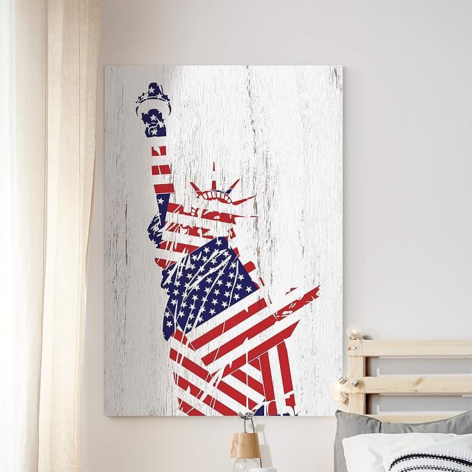Renditions Gallery Canvas Patriotic Wall Art Paintings & Prints Flag Draped Liberty Statue Rustic Nationalistic Pride Canvas Wall Hanging Artwork for Bedroom Office Kitchen - 24"x32" LT25