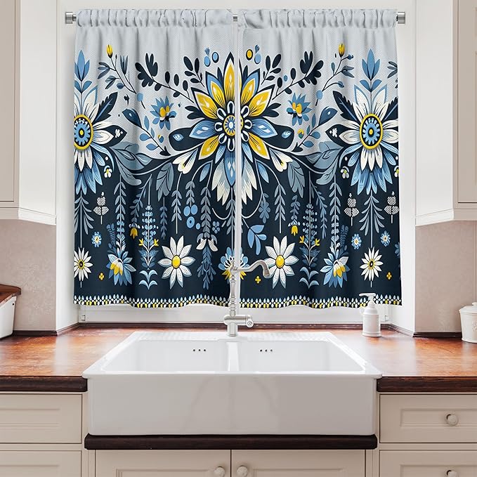 Ambesonne Floral Art Kitchen Curtains, Modern Scandinavian Flowers with Curving Leaves Print Boho Romance, Window Drapes 2 Panel Set for Kitchen Cafe Decor, 55" x 39", Blue Yellow