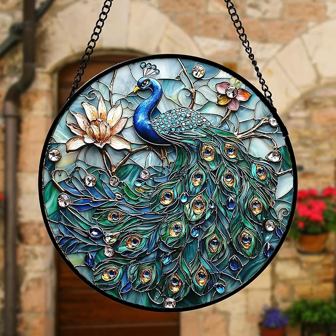 Stained Glass Window Hanging, Blue Peacock Decoration Suncatcher for Door Garden Home Flower Bird Sun Catchers Christmas Mother's Day Birthday Gifts for Women Men Mom Nana Friend 9.8 in