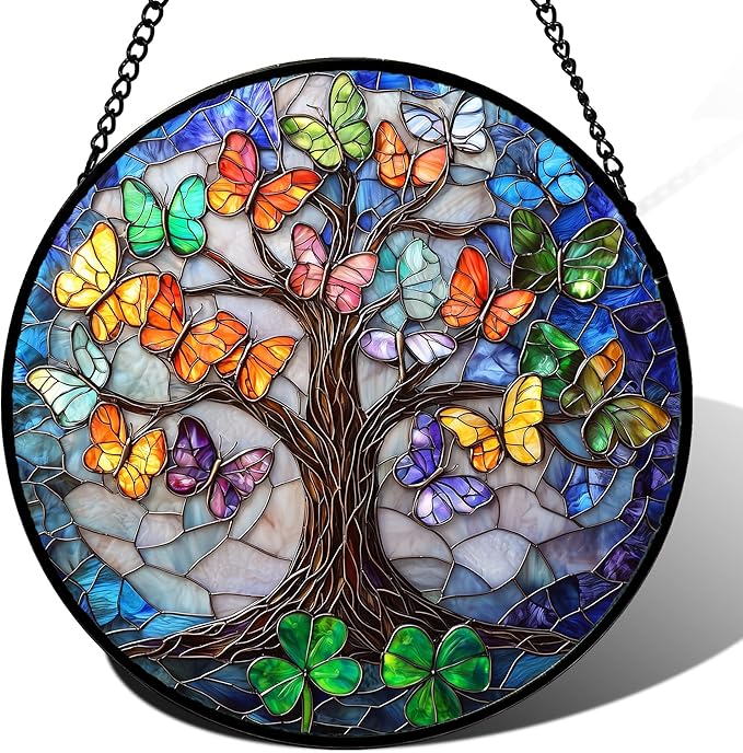 Stained Glass Window Hanging, Butterfly Tree Clover Sun Catchers Glass Panel Blue Suncatcher Decor for Birthday for Women, Men, Wife, Aunt, and Mom 14.9x14.9 in