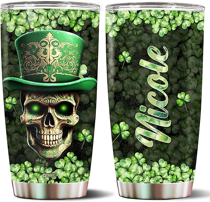 Personalized Skull Leprechaun Shamrock St Patricks Tumbler Coffee Cup Water Bottle Gift for Men Women Him Her 20oz Stainless Steel Insulated Travel Mug with Lid