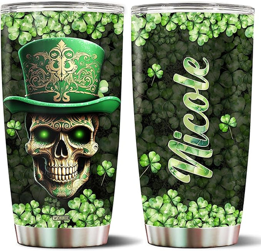 Personalized Skull Leprechaun Shamrock St Patricks Tumbler Coffee Cup Water Bottle Gift for Men Women Him Her 20oz Stainless Steel Insulated Travel Mug with Lid