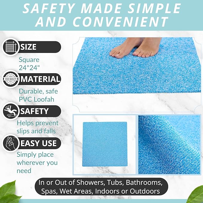 Enkosi Loofah Shower Mat Non Slip – Square Anti Slip Bath Mat for Inside Showers, Bathtub, Tub, Bathroom - Cushioned, Quick Dry PVC with Drain Holes - Secure Grip Safety Pad (Aqua Blue 24x24)