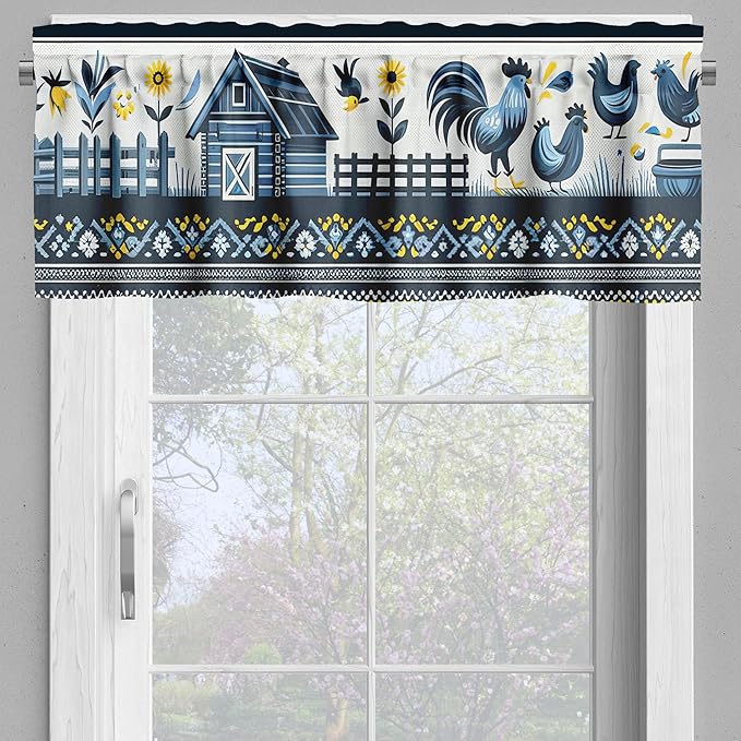 Ambesonne Farmhouse Valance & Tier Curtain 3 pcs Set, Ethnic Flower and Leafy Branch Ornaments with Barn Rooster Field Garden Print, Window Treatments for Kitchen Room Decor, 55" x 45", Blue Yellow