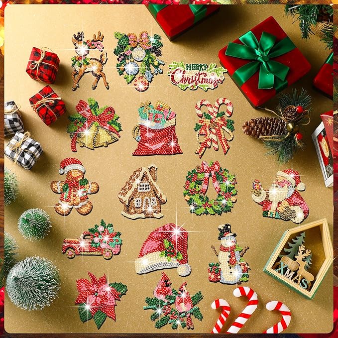 30 Pcs Christmas Diamond Art Magnets Kits DIY Santa Claus Diamond Fridge Magnetic Stickers Xmas Gem Art Magnets for Beginners Holiday Decor Home