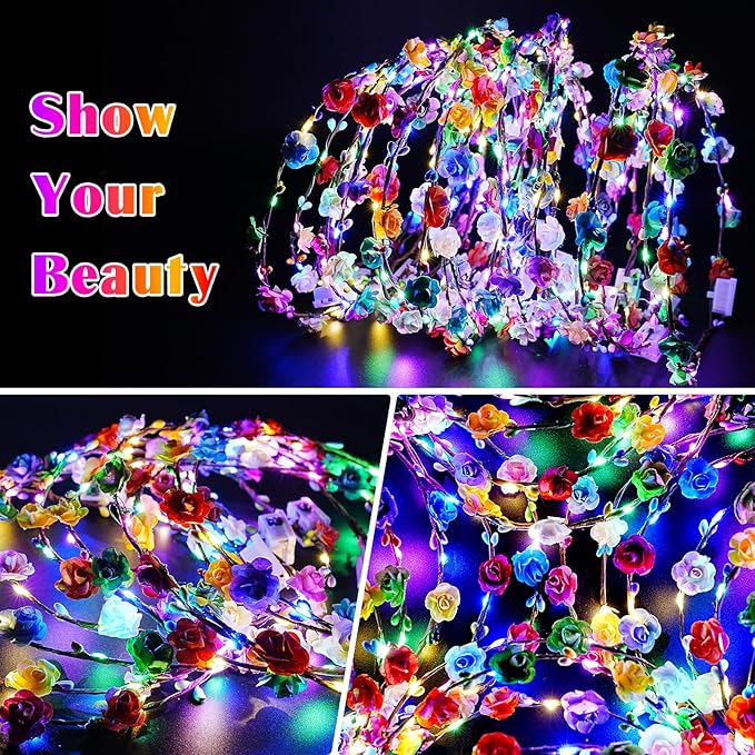 Valentines Day Gifts, 24 PCS LED New Year Flower Crowns Headbands, Light Up Flower Crowns for Women & Girls, Glow in The Dark Flower Hairbands Wreath for Wedding Beach Party Birthday Cosplay Gifts
