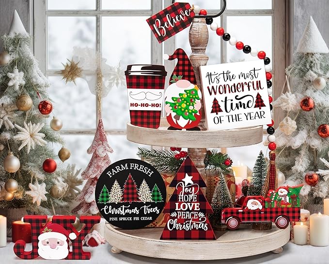 Christmas Tiered Tray Decor 8 PCS Xmas Decorations Indoor - Believe Merry Christmas Table Decor Wooden Signs - Xmas Farmhouse Decor 3 Tier or 2 Tier for Home Room Kitchen Mantel Holiday
