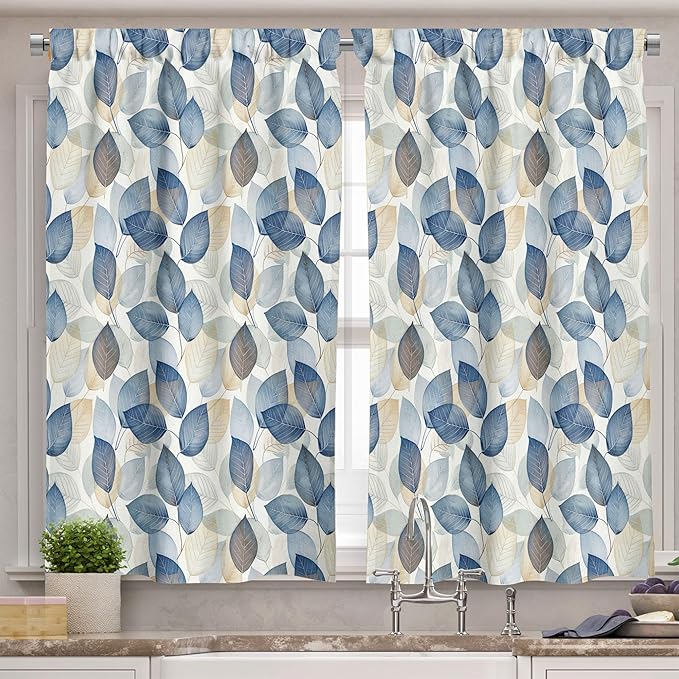 Ambesonne Botanical Valance & Tier Curtain 3 pcs Set, Contemporary Leaves Paint Print in Cold Tones A Winter Call Theme, Window Treatments for Kitchen Room Decor, 55" x 30", Dark Night Blue and Beige
