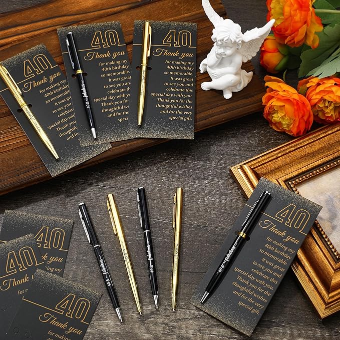 25 Sets 40th Birthday Themed Party Favors for Guests Including Birthday Ballpoint Pens and Black Gold Thank You Cards for Guests New Year Anniversary Appreciation Gifts
