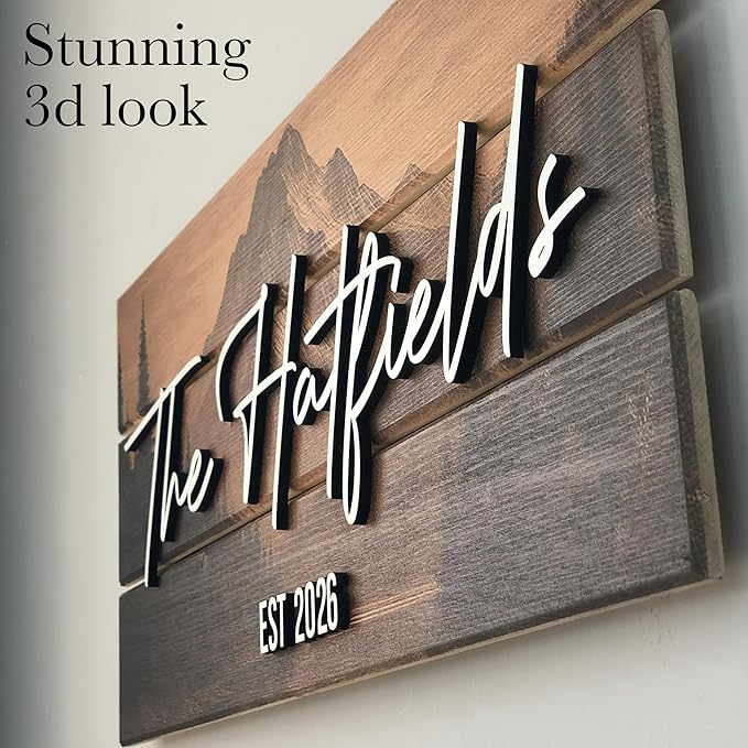Custom Mountain Family Name Sign - Rustic Wood Wall Decor, Personalized Wedding & Gift for Couples Anniversary, Housewarming Gift for New Home (Medium)