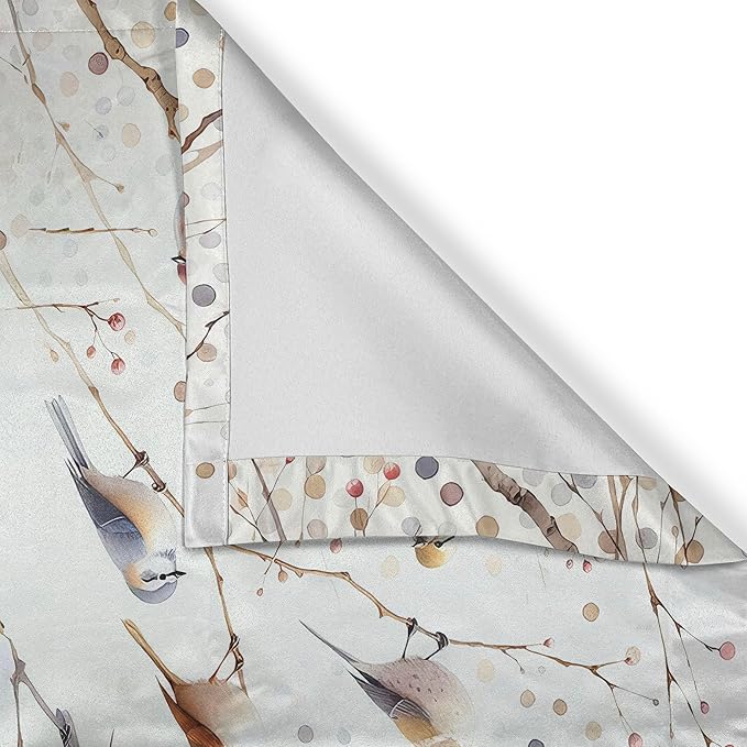 Ambesonne Bird Print Valance & Tier Curtain 3 pcs Set, Watercolor Style Polka Dots and Animals on Leafless Fall Branches, Window Treatments for Kitchen Room Decor, 55" x 45", Pastel Brown Purpleblue