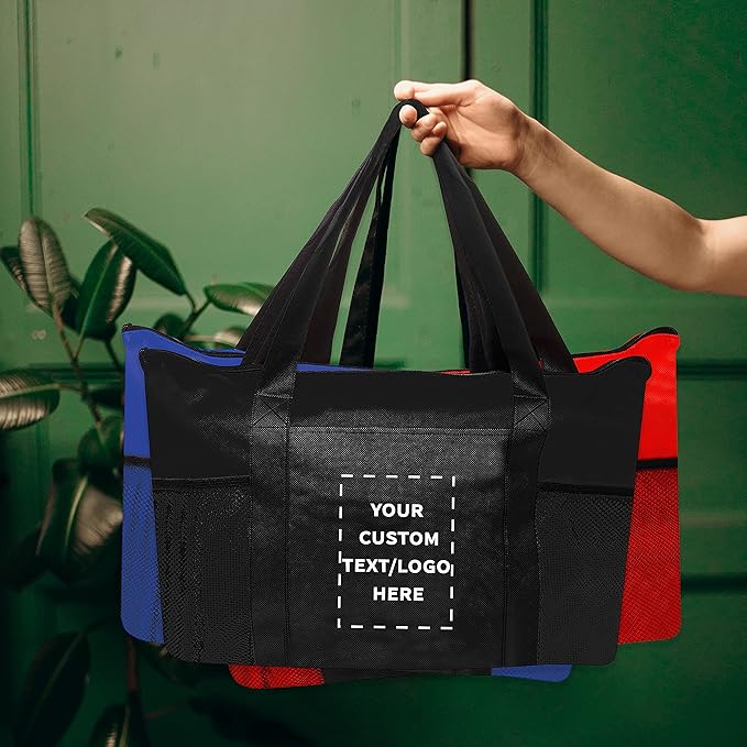 DISCOUNT PROMOS 100 Zippered Non-Woven Tote Bags Set - Customizable Text, Logo - Mesh Pocket, Zippered, Recyclable, Reusable - Black - 19"X14"X3", with Zipper