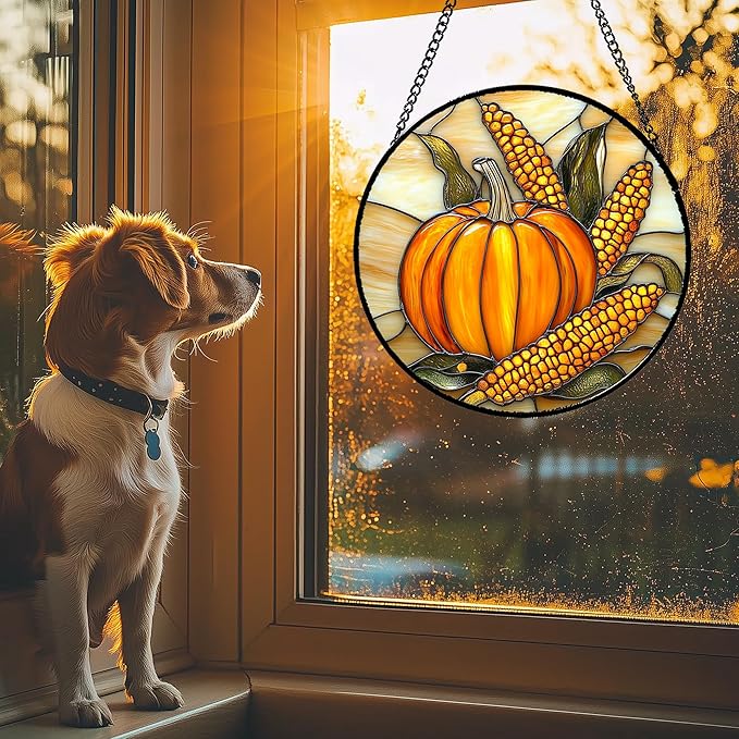 Stained Glass Window Hanging Autumn Harvest Pumpkin Corn Large 15" - Suncatcher Door Garden Kitchen Sunroom Sun Catcher Fall Home Decor Birthday for Mom Grandma Men Woman