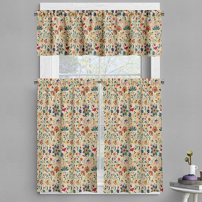 Ambesonne Floral Valance & Tier Curtain 3 pcs Set, Traditional Balkan Flowery Motifs Ornate Paint Print on Beige Background, Window Treatments for Kitchen Room Decor, 55" x 24", Blue Orange Multicolor