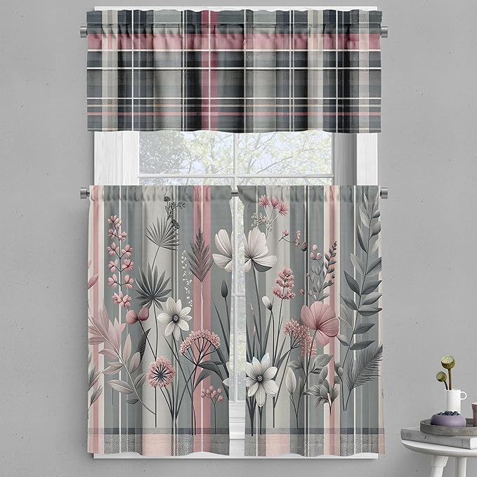 Ambesonne Floral Valance & Tier Curtain 3 pcs Set, Treasured Garden of Spring with Flowers and Calm Colored Tartan Plaid Pattern, Window Treatments for Kitchen Room Decor, 55" x 45", Pink and Grey