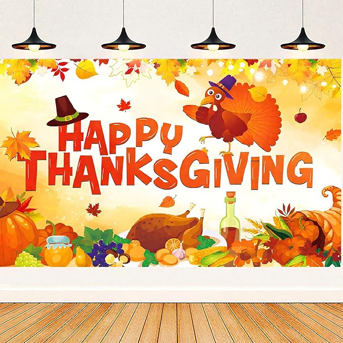 Thanksgiving Themed Party Decorations, Give Thanks Banner, Turkey Maple Leaf Backdrop And Tablecloth, Cake Topper, Latex Balloons, Hanging Swirls, Tableware Set for Party Supplies (Thanksgiving)