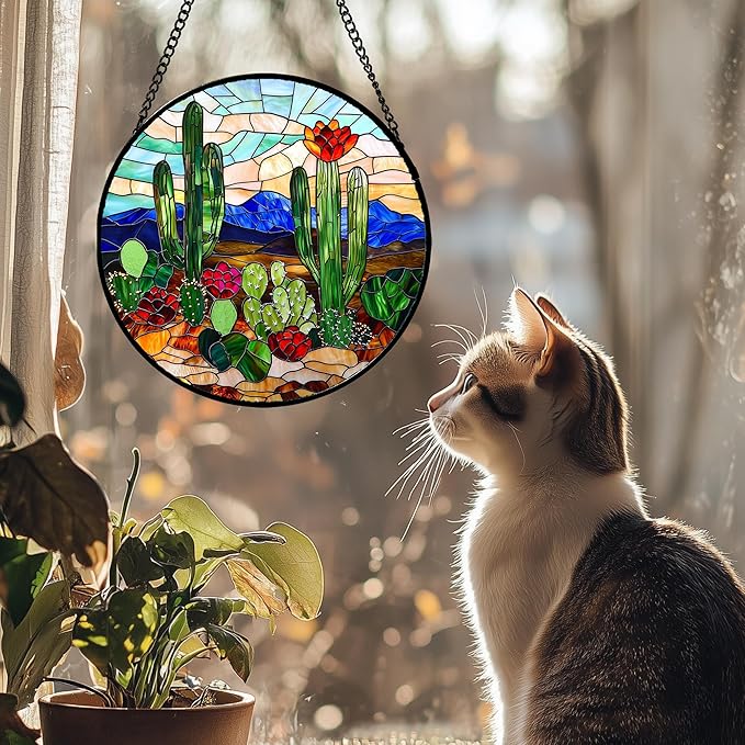 Stained Glass Window Hanging, Green Cactus Suncatcher for Doors Window Home Plant Landscape Sun Catchers Decoration Mother's Day Birthday Gifts for Women, Men, and Mom 6.3 in