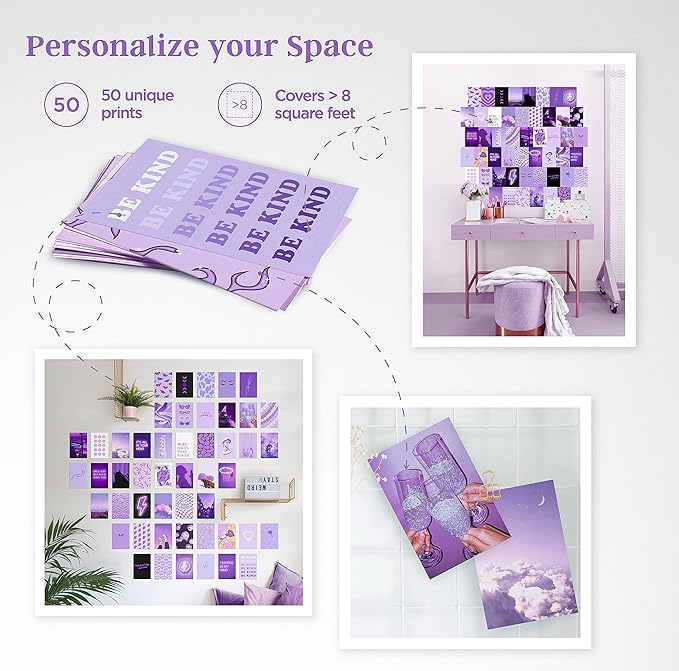 HAUS AND HUES Purple Wall Collage Kit - Set of 50 Aesthetic Wall Art Photo Collage for Dorm Room Decor
