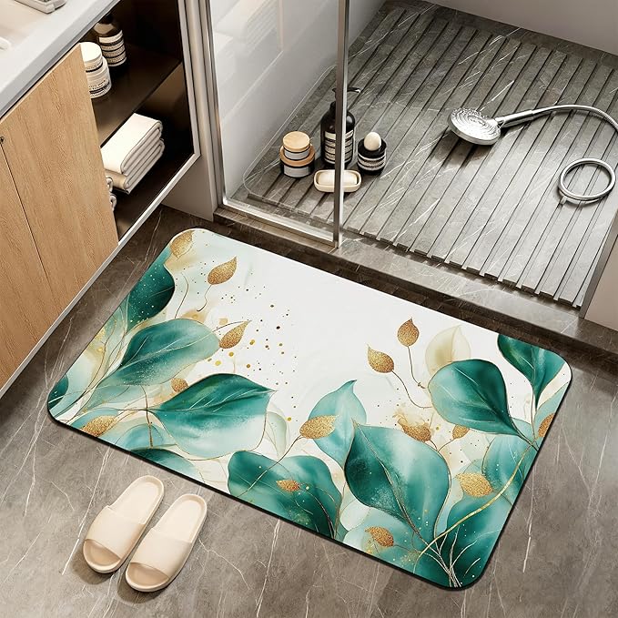 Eucalyptus Gree Bathroom Rugs,Bath Mats for Bathroom,Gold Foil Low Pile Absorbent Bath Mat,Rubber Backing Non Slip Washable Thin Quick Dry Door Mat 17x29.5 Inch