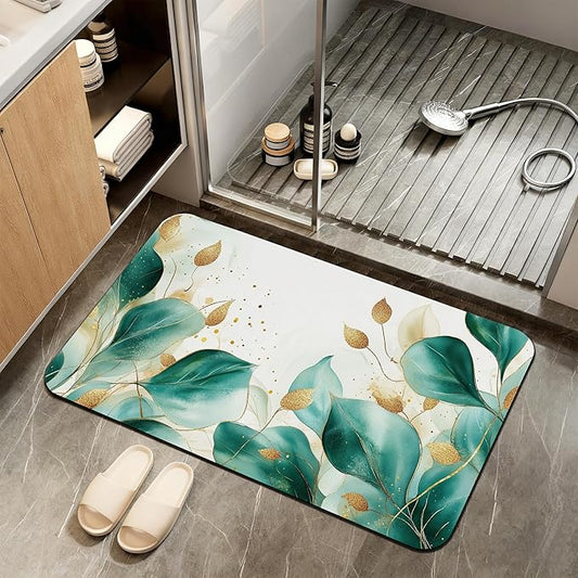 Eucalyptus Gree Bathroom Rugs,Bath Mats for Bathroom,Gold Foil Low Pile Absorbent Bath Mat,Rubber Backing Non Slip Washable Thin Quick Dry Door Mat 17x29.5 Inch