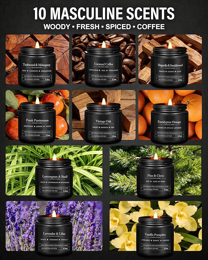 10 Pack Scented Candles for Men, Masculine Candle Gift Set with Woody & Fresh Scents, Soy Wax Aromatherapy Candles for Home, Gifts for Him, Boyfriend, Christmas