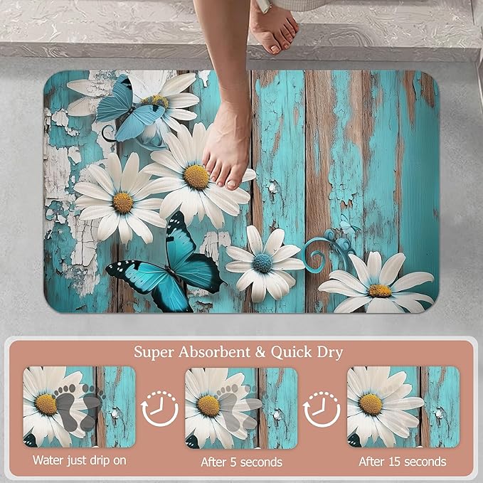 Diatomaceous Earth Bath Mat,White Daisy Bath Rugs,Vintage Wood Non-Slip Thin Absorbent Fast Drying Easy to Clean for Bathroom Laundry Home Kitchen Door Mat 17x29.5Inch