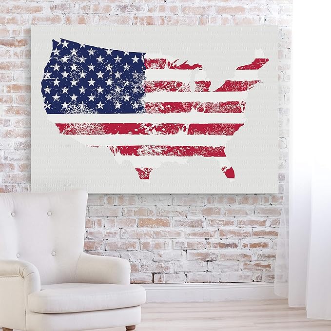 Renditions Gallery Canvas Patriotic Wall Art Home Paintings & Prints Vintage Faded American Flag Glam Modern White American Map Decorations for Bedroom Office Kitchen - 36"x48" LT25
