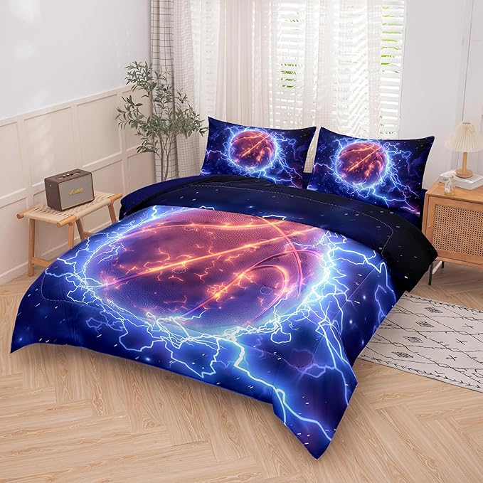 Helloosun 5PCS Basketball Comforter Set Twin,Sports Bedding Sets for Boys,Twin Comforter Sets for Boys,Blue Lightning Basketball Bedding Set with Sheets