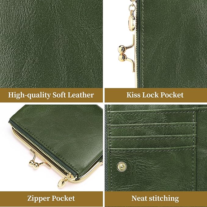 Wallet Women Small RFID Blocking Bifold Leather Wallets for Women Vintage Coin Purse With Zipper and Kiss Lock
