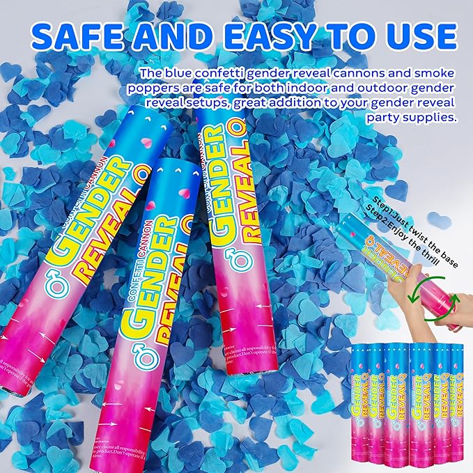 Gender Reveal Confetti Cannons – 6 Pack Blue Party Poppers – Baby Boy Gender Reveal Cannon Kit with Heart-Shaped Confetti – Easy Twist Shooters for Baby Reveal Party Decorations