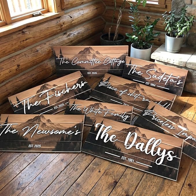 Custom Mountain Family Name Sign - Rustic Wood Wall Decor, Personalized Wedding & Gift for Couples Anniversary, Housewarming Gift for New Home (Medium)