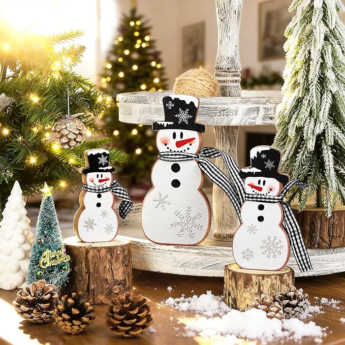 3 Pcs Christmas Snowman Table Decor Wooden Snowman Tables Centerpieces Block Winter Wood Tabletop Sign Rustic Merry Xmas Decorations Indoor for Tiered Tray Office Desk Shelf Home Mantel Holiday Party