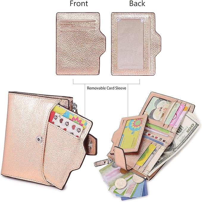 AINIMOER Women's RFID Blocking Leather Small Compact Bi-fold Zipper Pocket Wallet Card Case Purse with id Window