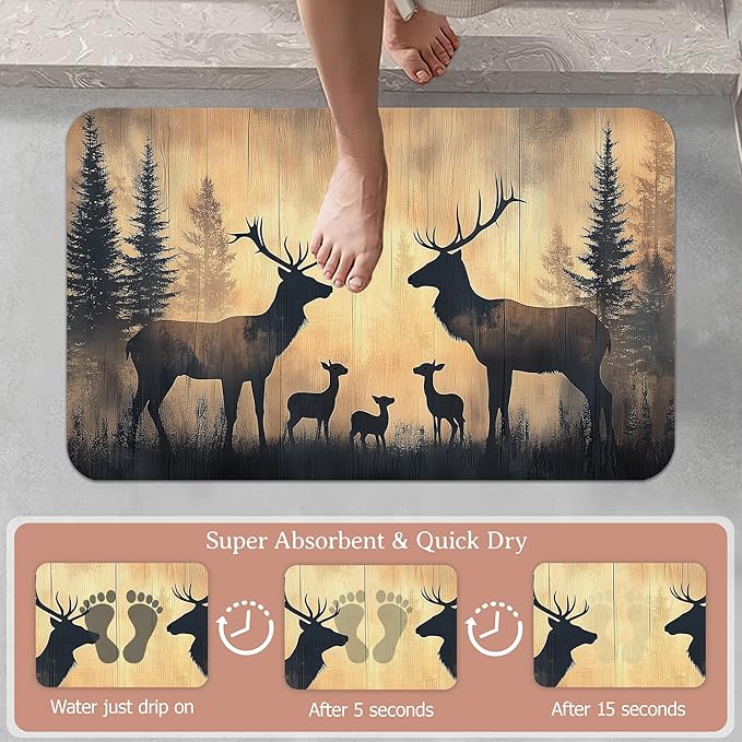 Non Slip Bath Mat,Deer Trees Bathroom Decor,Forest Diatomaceous Bath Mat Quick Dry Absorbent Bathroom Rugs-Shower Rug for Kitchen Laundry Bathtub Shower 17"x29.5"