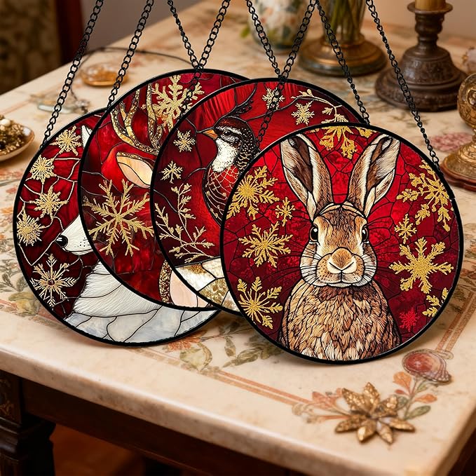 Stained Glass Window Hanging 4 Pcs Set Red Golden Snowflakes 7.8" - Christmas Elk Rabbit Suncatcher Door Garden Sun Catcher Decor Birthday for Mom Woman Nana Men
