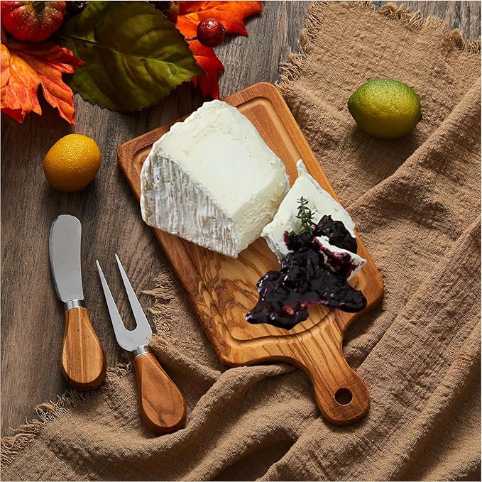 1 Set Bridal Baby Shower Cheese Prizes Wooden Square Board Gift Set Knives Forks Thank You Tags with Box for Guests for Valentines Bridal Baby Shower Housewarming (Olive Wood)