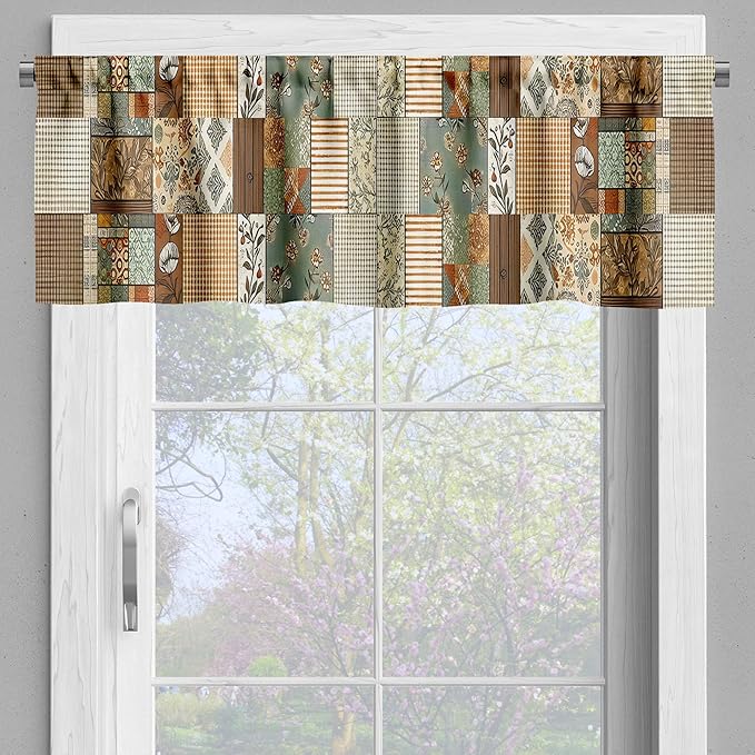 Ambesonne Cottagecore Window Valance, Modern Maximalist Design of Leaves Plaid Stripes Farmhouse Themed, Curtain Valance for Kitchen Bedroom Decor with Rod Pocket, 54" X 18", Taupe Grey Teal Orange