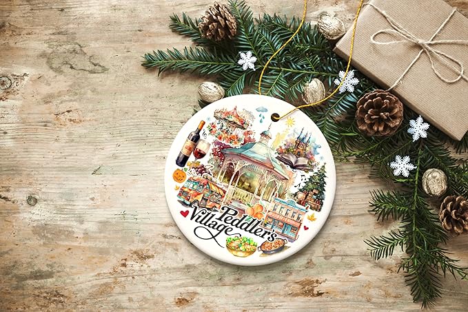 Peddler’s Village Artistic Ornament with Rustic Pennsylvania Scenery, Vintage Ceramic Christmas Souvenir