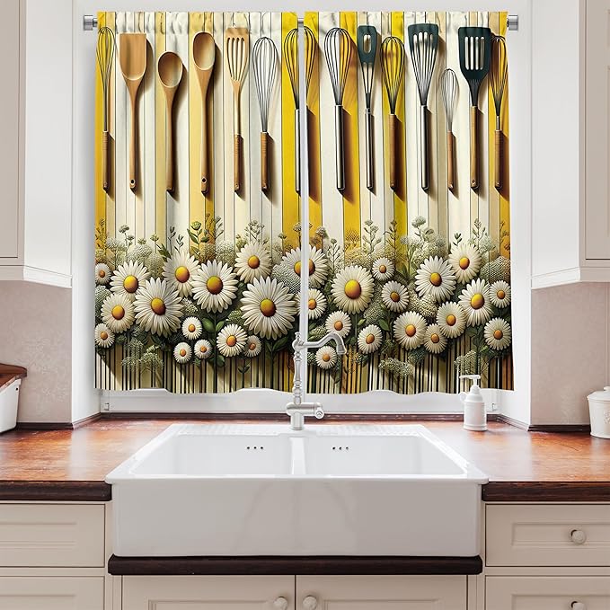 Ambesonne Farmhouse Long Kitchen Curtains, Summer Modern Cottagecore Daisy Floral with Spuds and Lines Print, 2 Panel Set Drapes with Rod Pocket Room Decor, 55" x 45", Yellow Reseda Green and Beige
