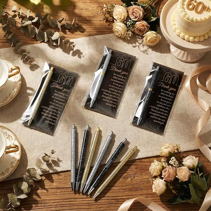 24 Set 60th Birthday Party Favor for Guests Anniversary Appreciation Gifts Birthday Glitter Ballpoint Pen and Thank You Cards for Women Men Years Party Favor Decoration Supplies