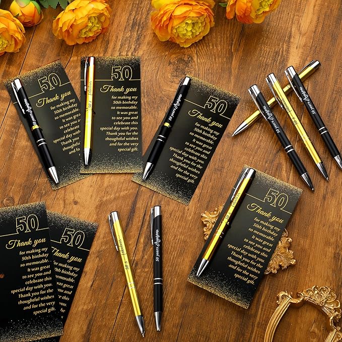 25 Sets 50th Birthday Party Favors for Guests with Golden Birthday Ballpoint Pens and Thank You Cards for Men Women Anniversary Wedding New Year Gifts
