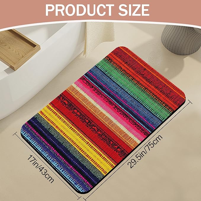 Mexican Bathroom Rugs,Bath Mats for Bathroom,Ethnic Stripes Rainbow Low Pile Absorbent Bath Mat,Rubber Backing Non Slip Washable Thin Quick Dry Door Mat 17x29.5 Inch