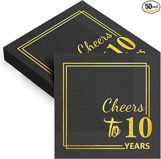 10th Birthday Cocktail Party Napkins-50PCS 13 * 13 inches Cheers to Years Disposable Paper Napkins for Birthday Wedding Anniversary Decorations Party Props Supplies Black and Gold (10th Napkins)