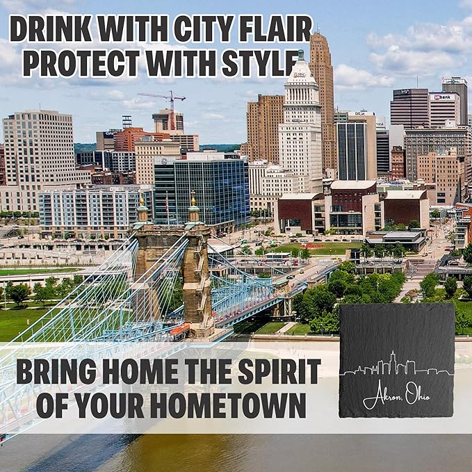 Blue Ridge Mountain Gifts - Akron OH Skyline Coasters, Set of 4 - Akron Souvenir, Slate Coaster with Minimalist Skyline, Housewarming Gift for Friends, Family, & Neighbors Protect