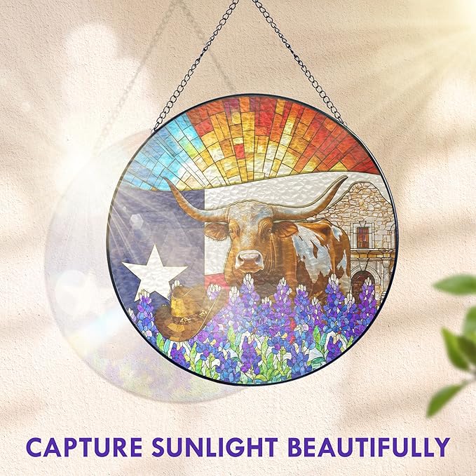 FLAGWIX Texas Gifts for Women Men - Stained Glass Window Hanging 10 in - Sun Catchers Indoor Window for Garden Decor, Texas Themed Gifts for Mom Dad Texans Friends, Sun Catcher for Door Home Decor
