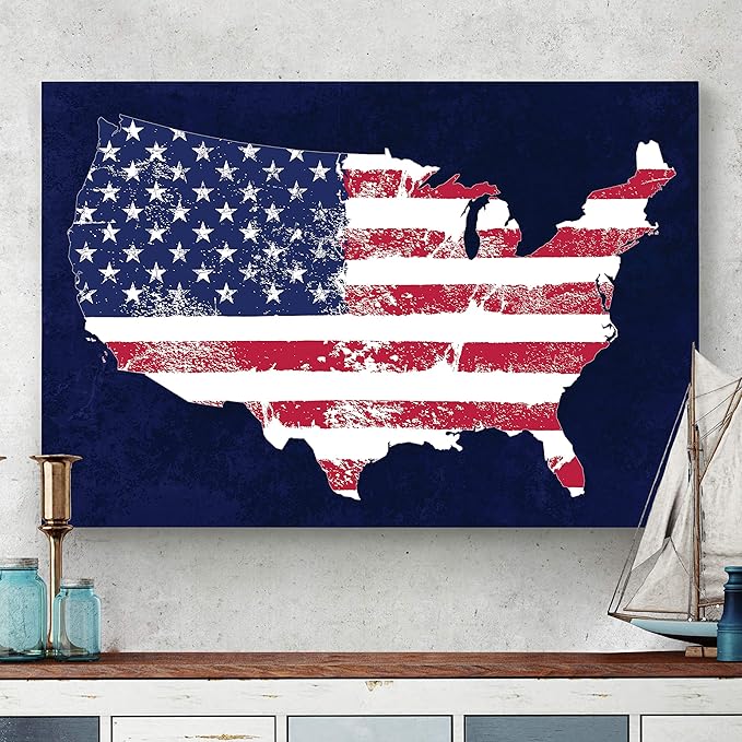 Renditions Gallery Nature Wall Art Paintings Window View Prints Vintage Faded American Flag Glam Patriotic Modern Blue American Map Decorations for Bedroom Office Kitchen - 16"x20" LT25