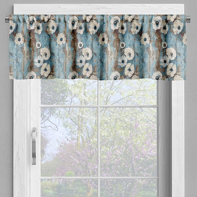 Ambesonne Floral Valance & Tier Curtain 3 pcs Set, Vintage Weathered Paint of Poppy Flowers on Vertical Wooden Planks, Window Treatments for Kitchen Room Decor, 55" x 45", Coconut Pale Blue and Dusk