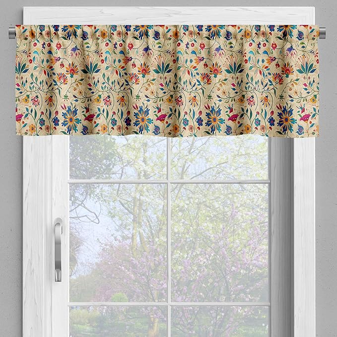 Ambesonne Floral Valance & Tier Curtain 3 pcs Set, Traditional Balkan Flowery Motifs Ornate Paint Print on Beige Background, Window Treatments for Kitchen Room Decor, 55" x 36", Blue Orange Multicolor